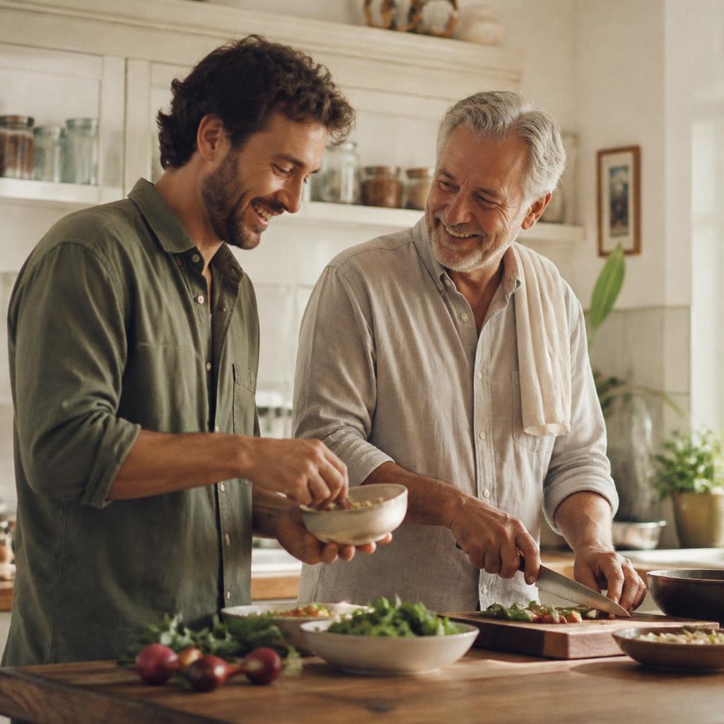 An adult son and his father cooking together in a bright kitchen, laughing