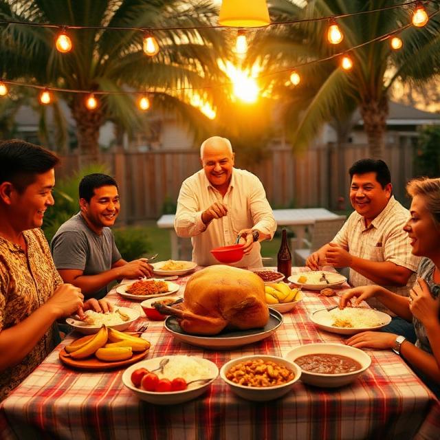 A parent hosting a family meal in the backyard