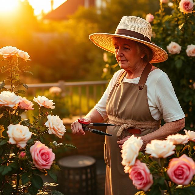 Eleanor tending her rose garden