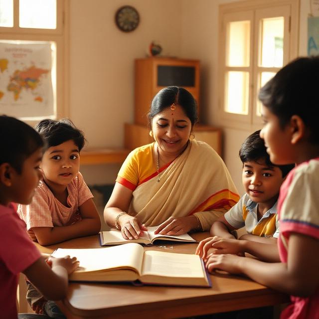 A younger Meena teaching children in a classroom