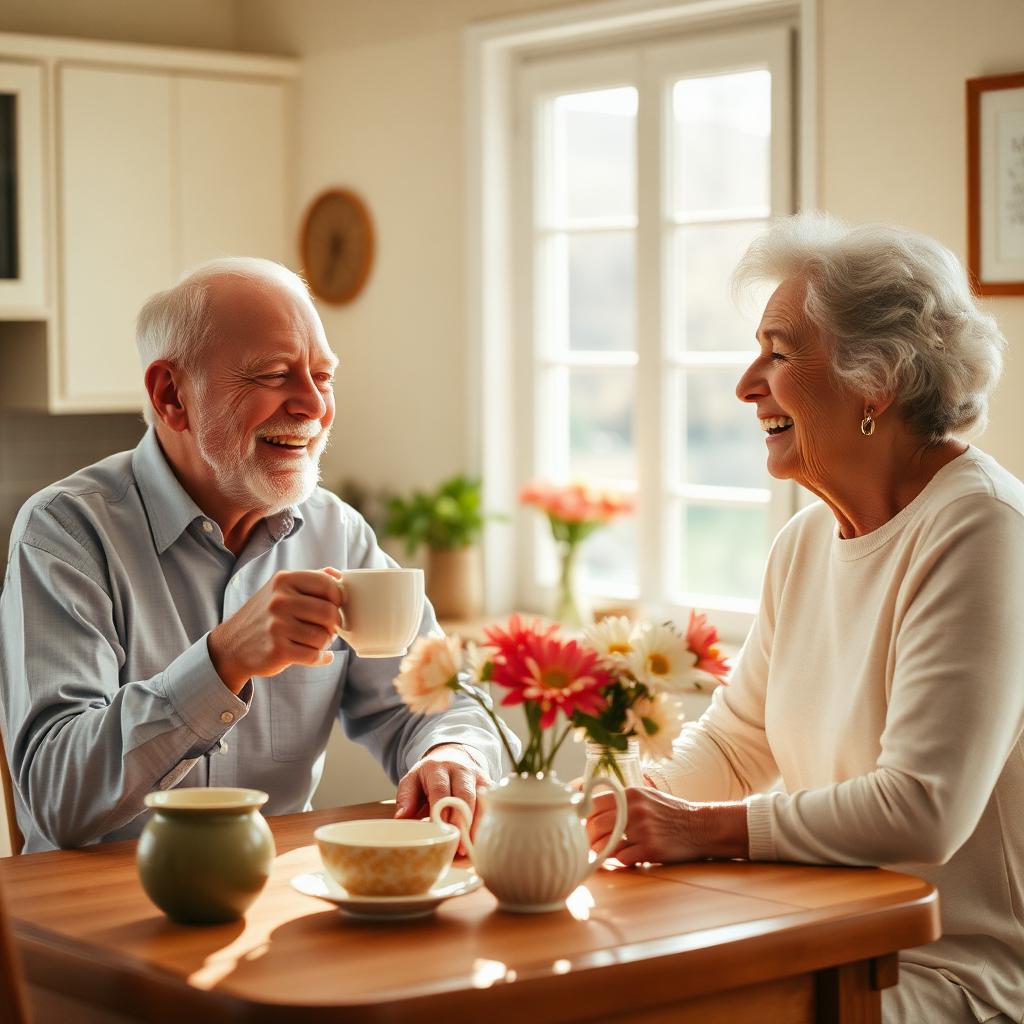 Two older adults laughing together over tea at a sunlit kitchen table