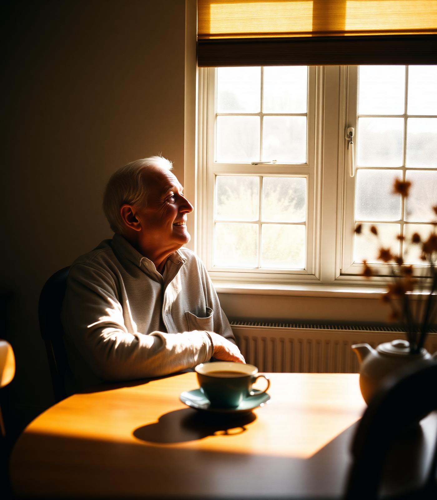 An older father sitting at a sunny kitchen table with a cup of tea.