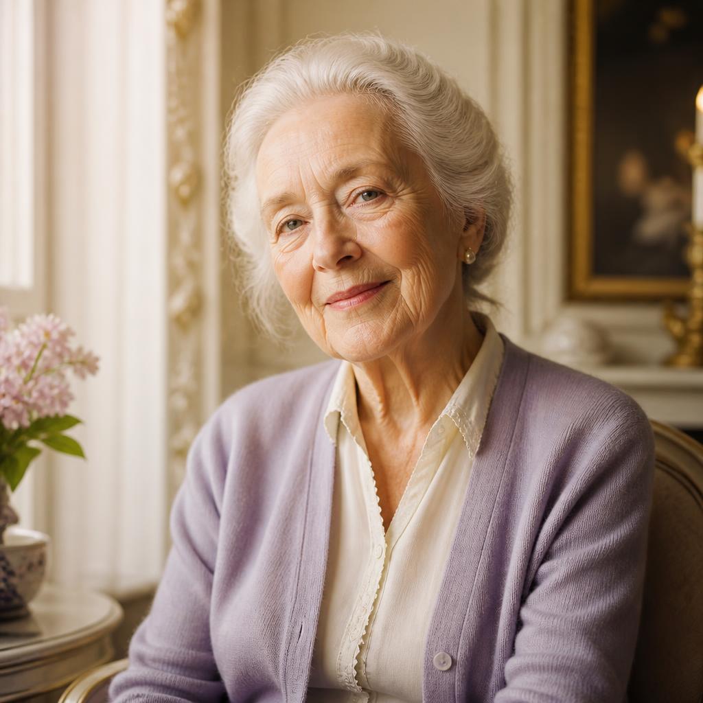A warm portrait of Eleanor, a gracious woman in her mid 80s with a gentle, knowing smile.