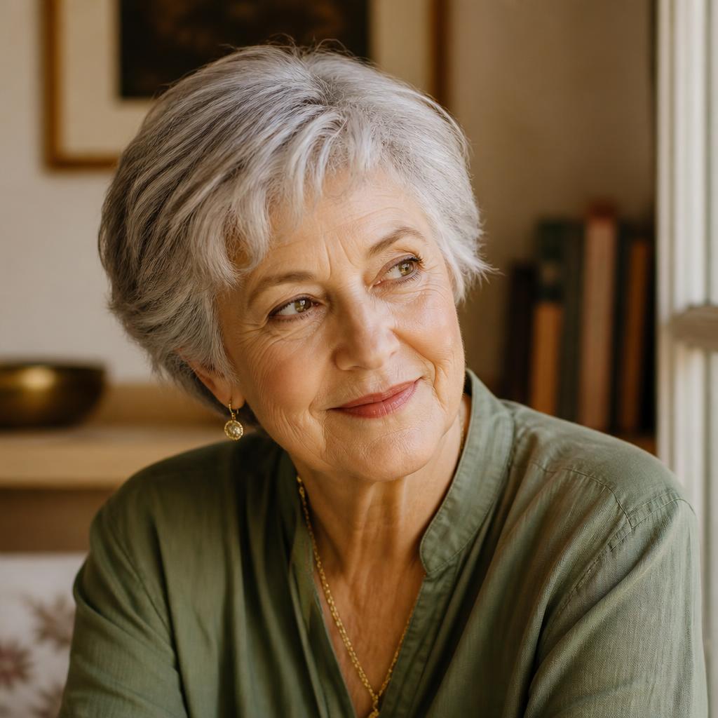 A warm portrait of Linda, a curious and observant woman in her mid 70s with a kind expression.