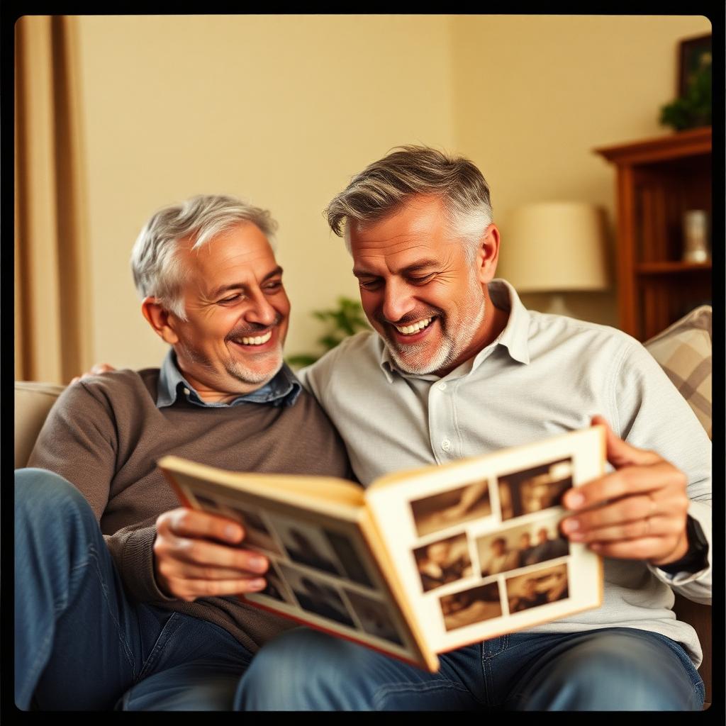 Adult child and parent looking through old photo albums together