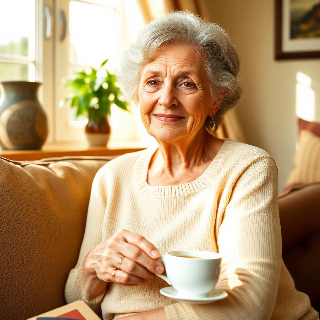 An older woman smiling warmly with a cup of tea in a sunlit room