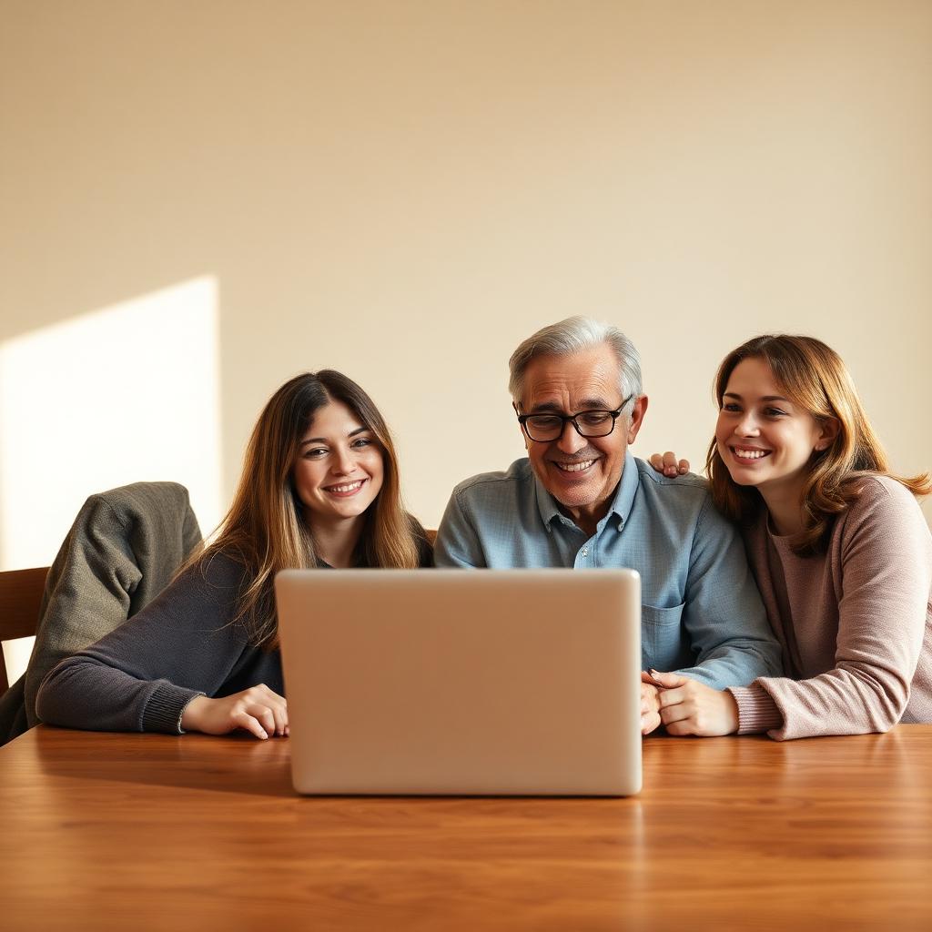 Two adult children joining a warm video call alongside their older parent
