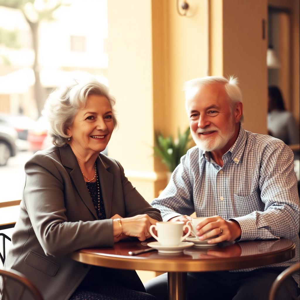 Two older adults meeting warmly for tea at a sunlit cafe